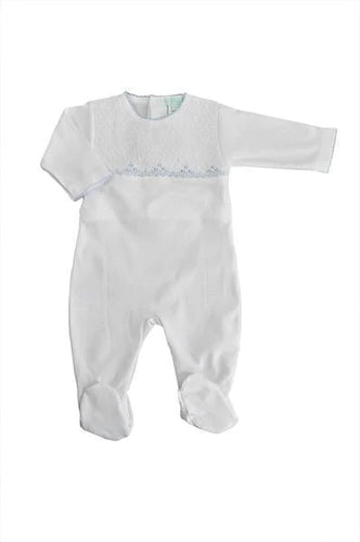 White Full Smocked Footie with Blue Trim