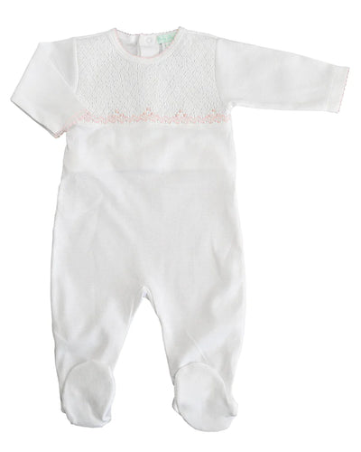 White Full Smocked Footie with Pink Trim