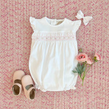 Load image into Gallery viewer, Smocked Banbury Bubble - Worth Avenue White With Palm Beach Pink Rosebud Smocking