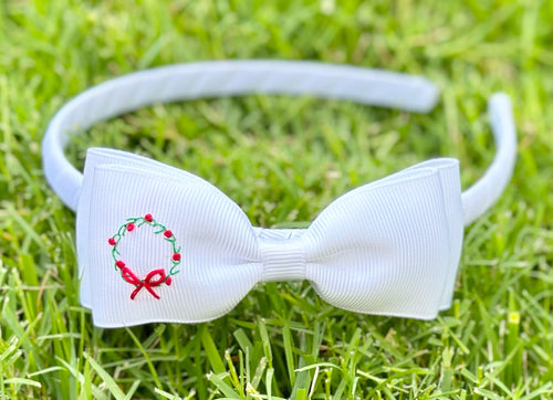 Embroidered Christmas Wreath Headband - White