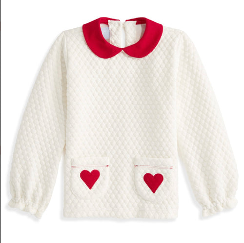 Quilted Jersey Pullover - Ivory with Red Hearts