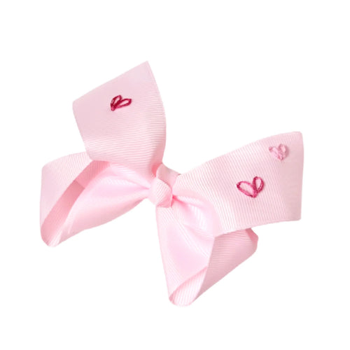Heart Embroidered Hair Bow - Pink