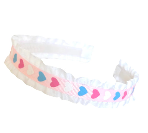 Pink & Blue Hearts Ruffle Ribbon Headband