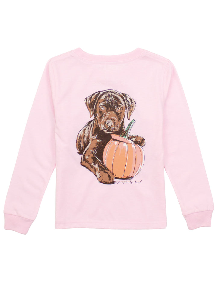 Pink long sleeve t-shirt with a dog holding a pumpkin graphic on the back
