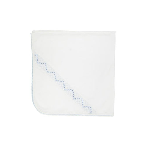 Sweetly Smocked Blessing Blanket - Worth Ave White with Buckhead Blue