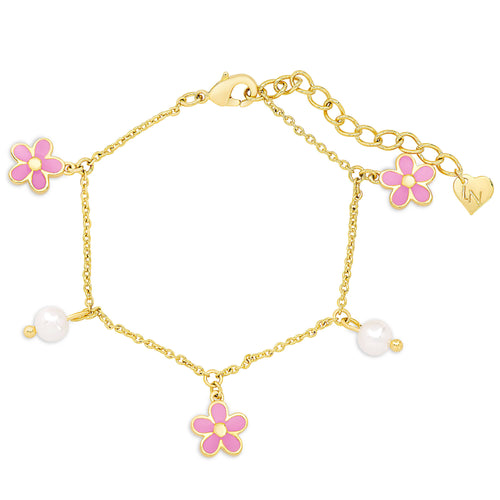 Flower And Freshwater Pearl Charm Bracelet: Pink