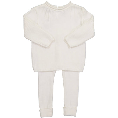 Rolled Collar Ribbed Knit Set - Ivory