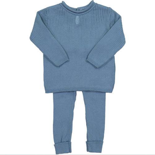 Rolled Collar Ribbed Knit Set - French Blue